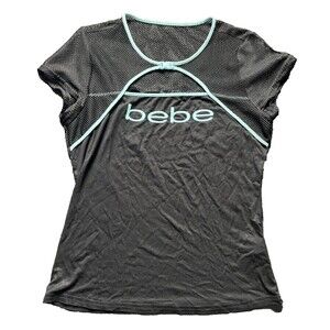 Bebe Juniors Top Black Turquoise With Mesh Sleeves Med Shirt Sleeve